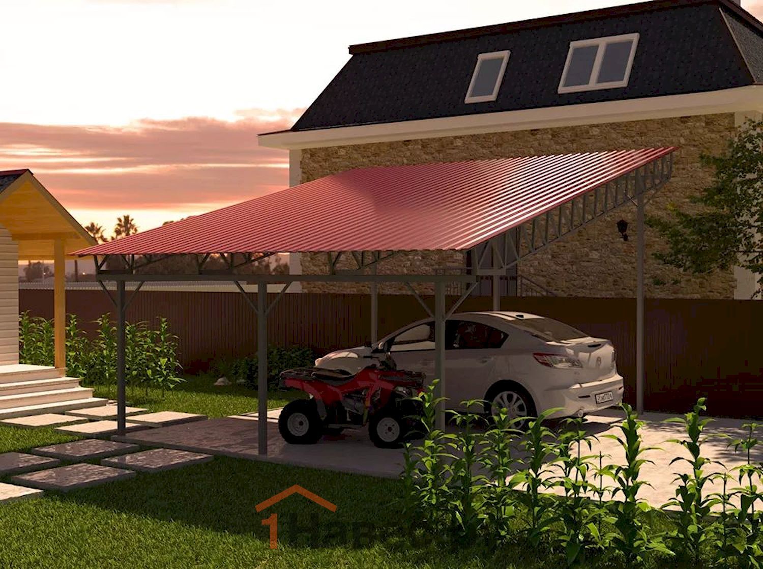 Односкатный навес из профнастила на 2 места